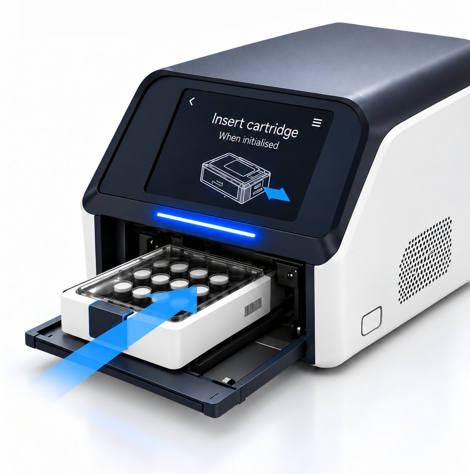A benchtop analyser with its drawer open, its screen asking for a cartridge