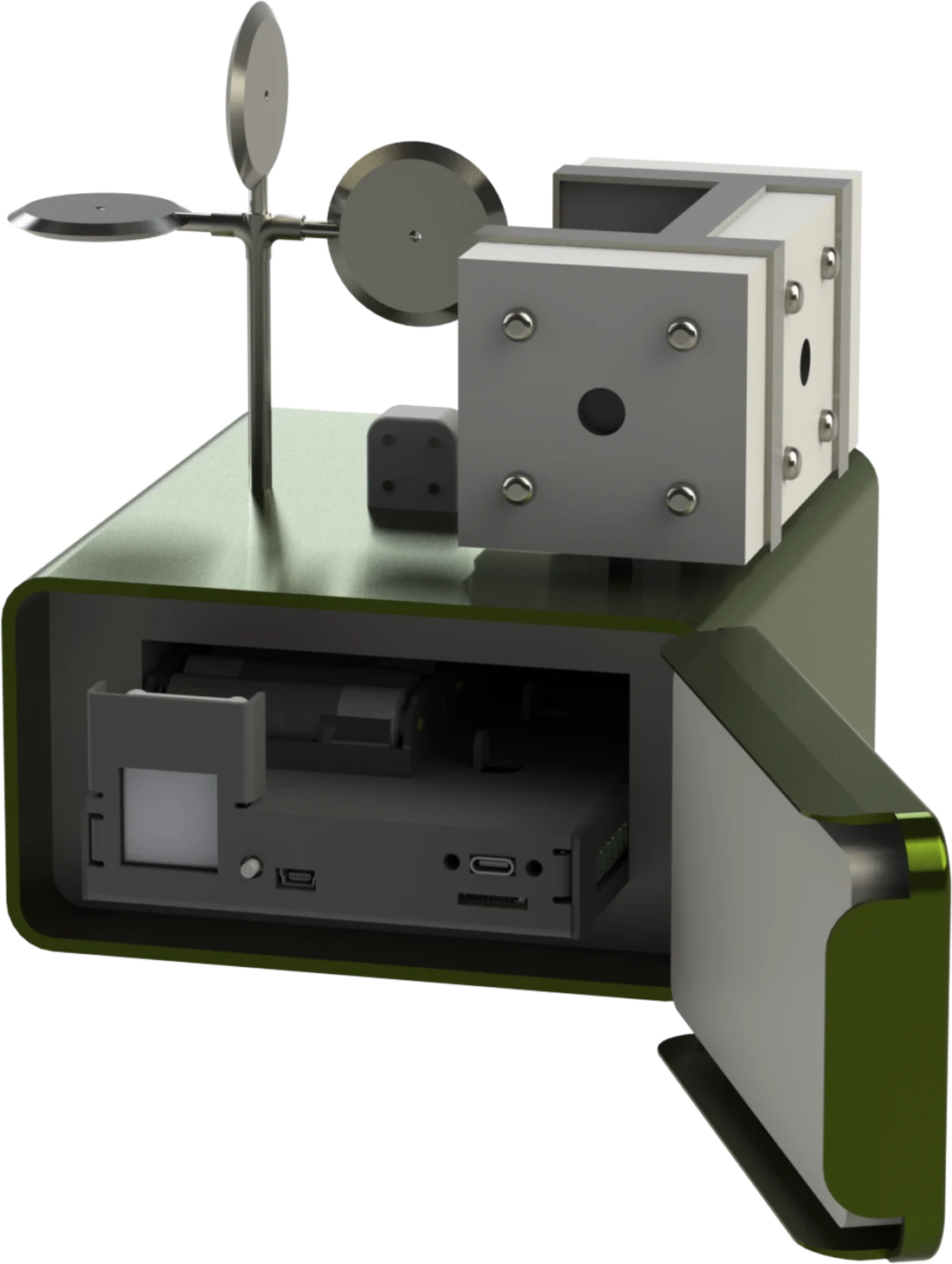 A cutaway view of the wildfire recorder with its enclosure opened